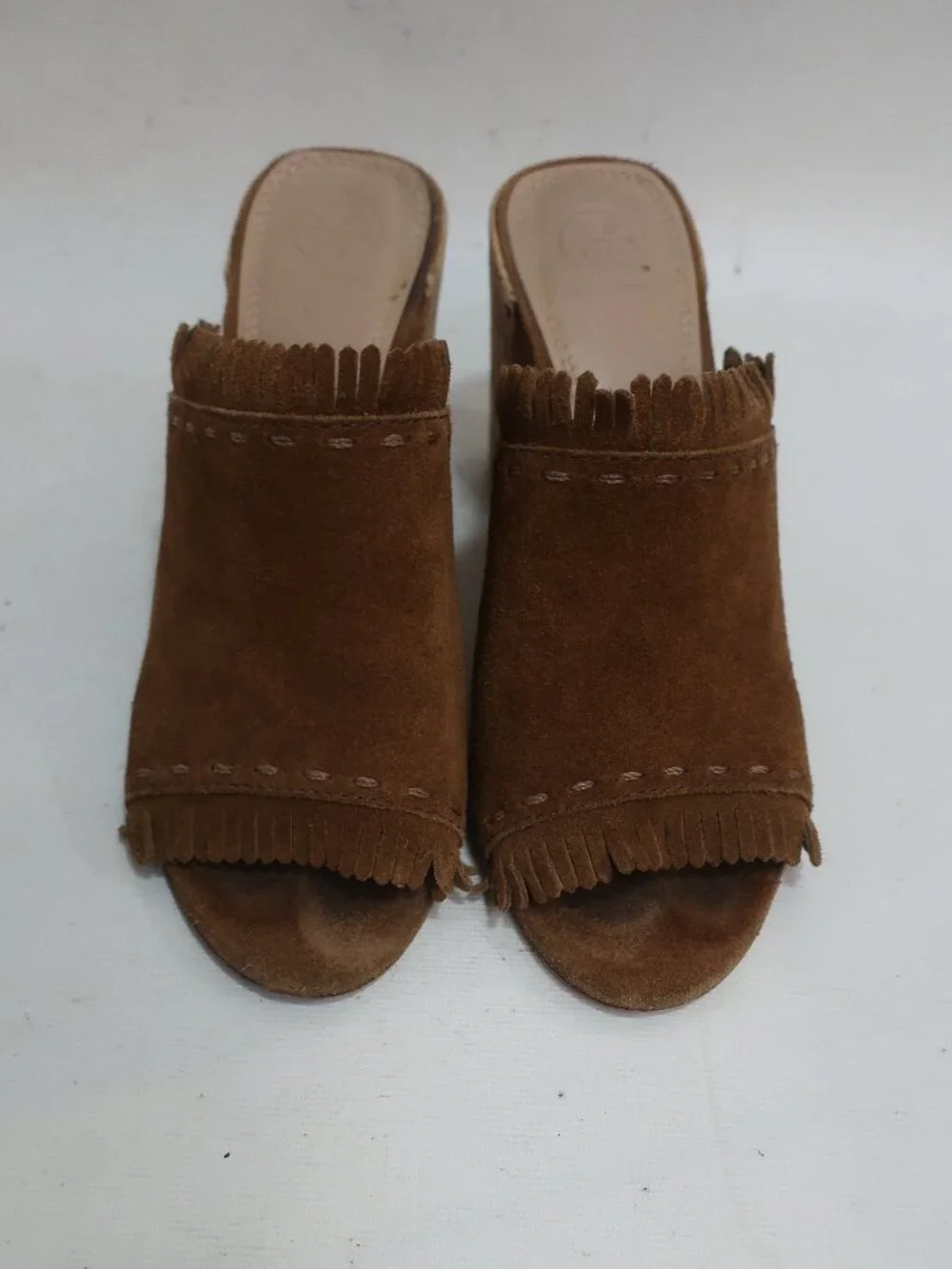 Womens Tory Burch Huntington Brown Fringed Suede Cork Block Heeled Sandals 7.5